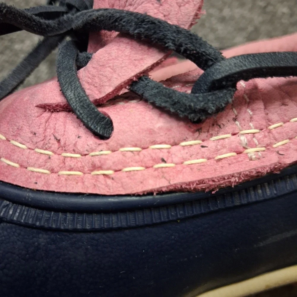 LL Bean Boots Rubber Moc Navy Blue Pink Leather Duck Shoes Womens size 9 M